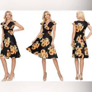 Bbonfine Sunflower Summer Dress Womens Size L Black Yellow Fit & flare